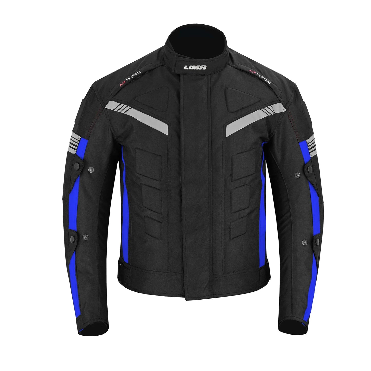 Black and blue motorcycle jacket with reflective stripes and armored panels, front view