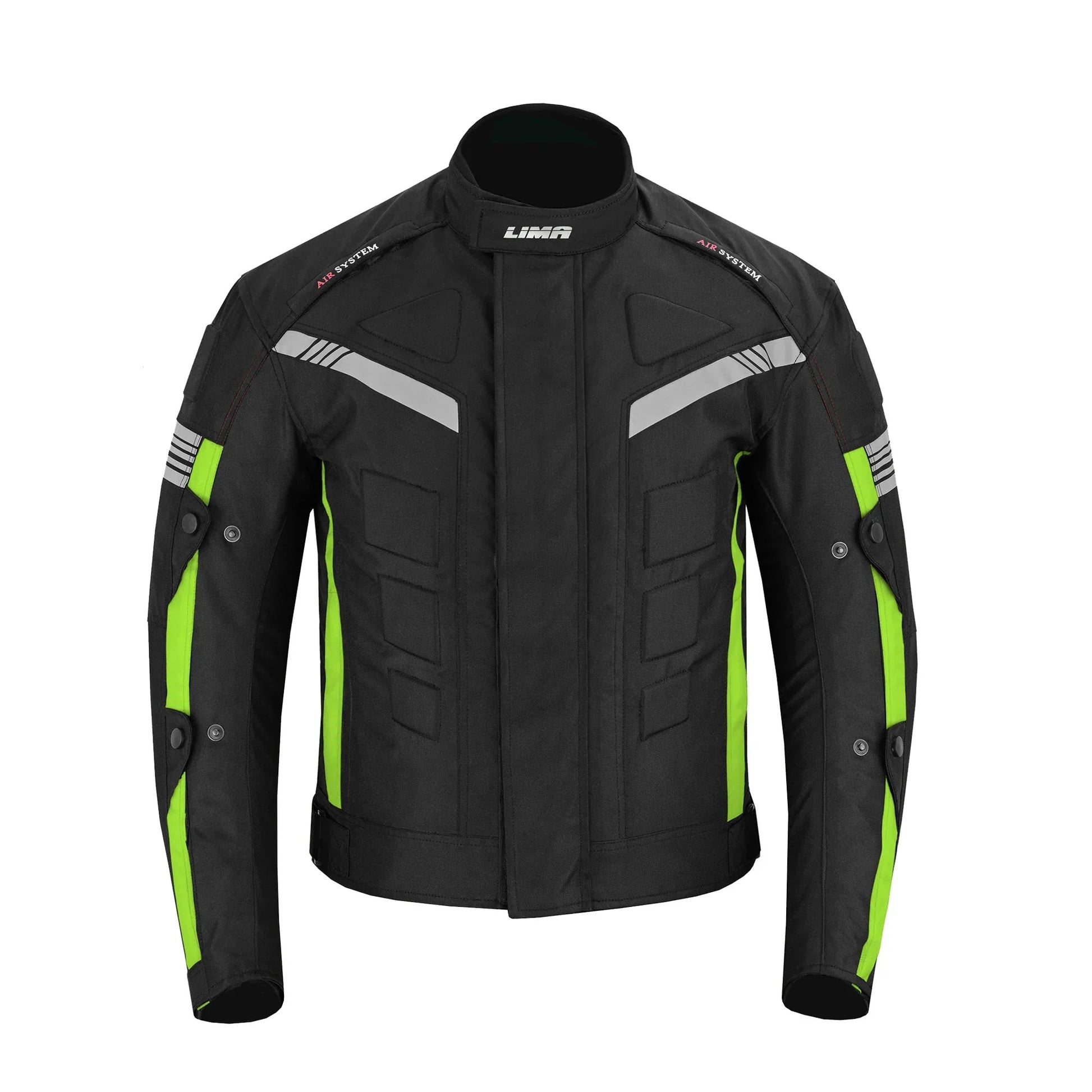 Black and neon green motorcycle jacket with reflective stripes, front view