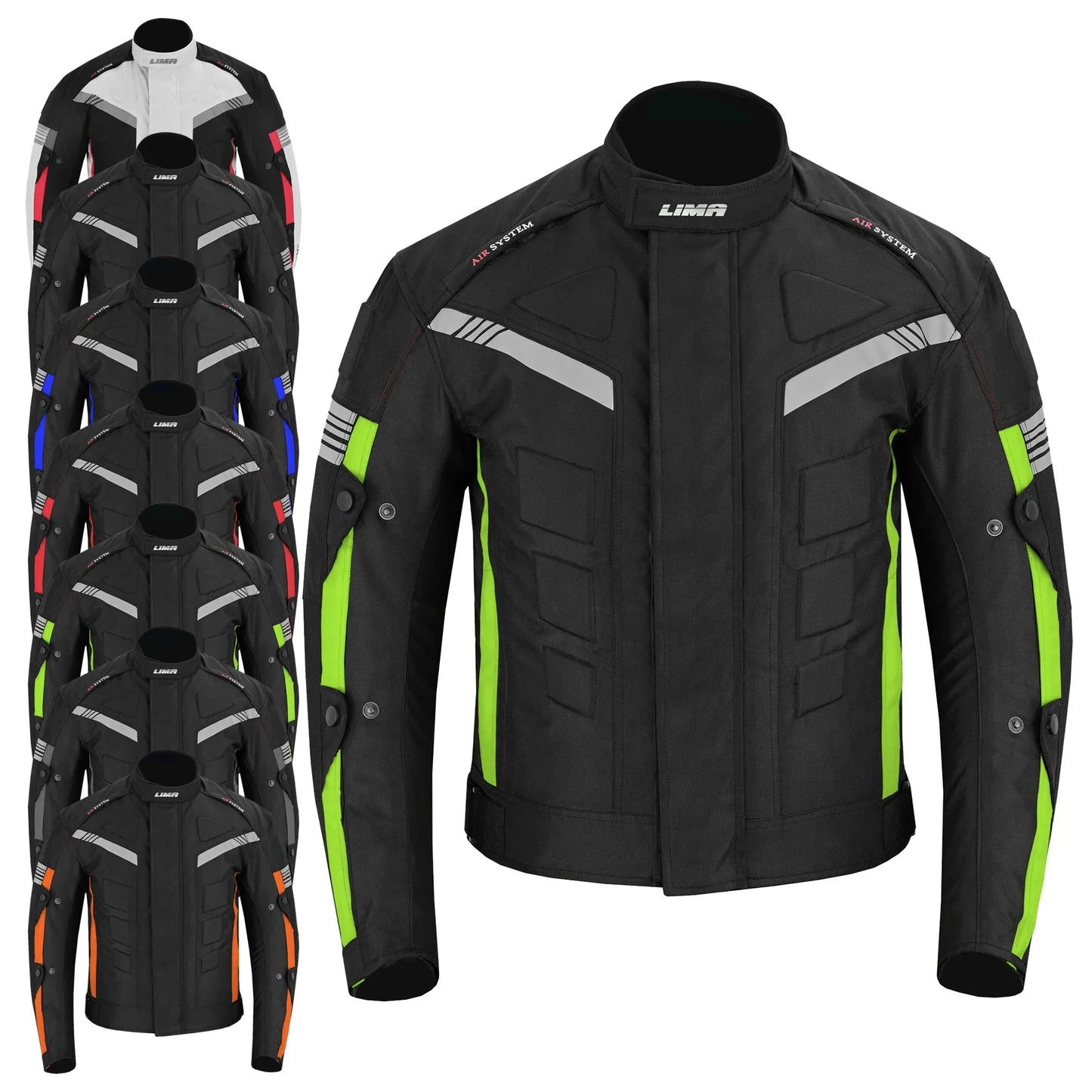 Men's black sports motorcycle jackets with colored accents and reflective stripes