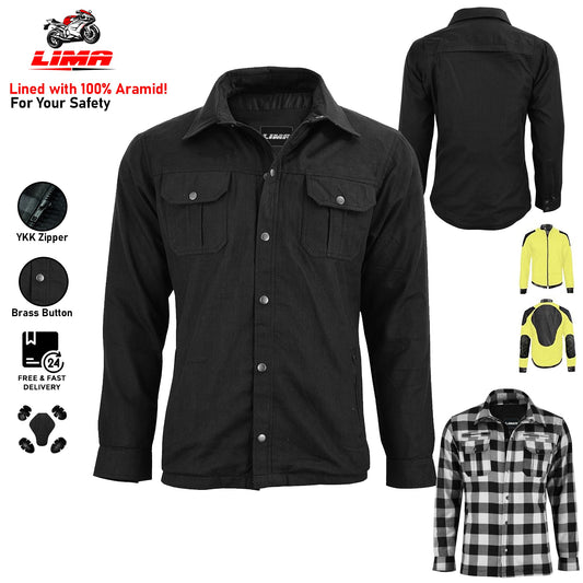 Mens Motorbike Shirt Jacket ARAMID Lined CE Approve Motorcycle Armour Protection Black