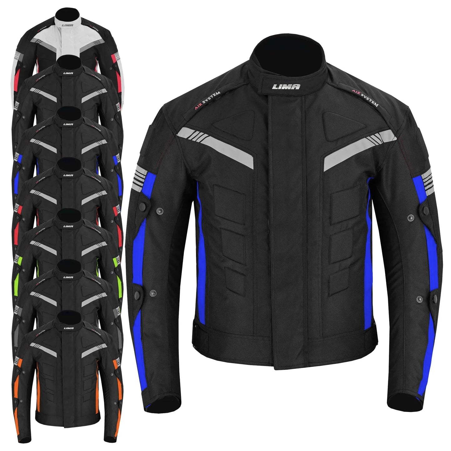 Multi-color men's motorcycle jackets with reflective stripes and ventilation, front view