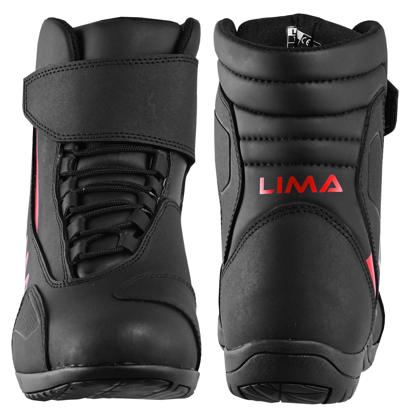 Black sports boots with red accents, lace-up front and ankle strap, front and back view