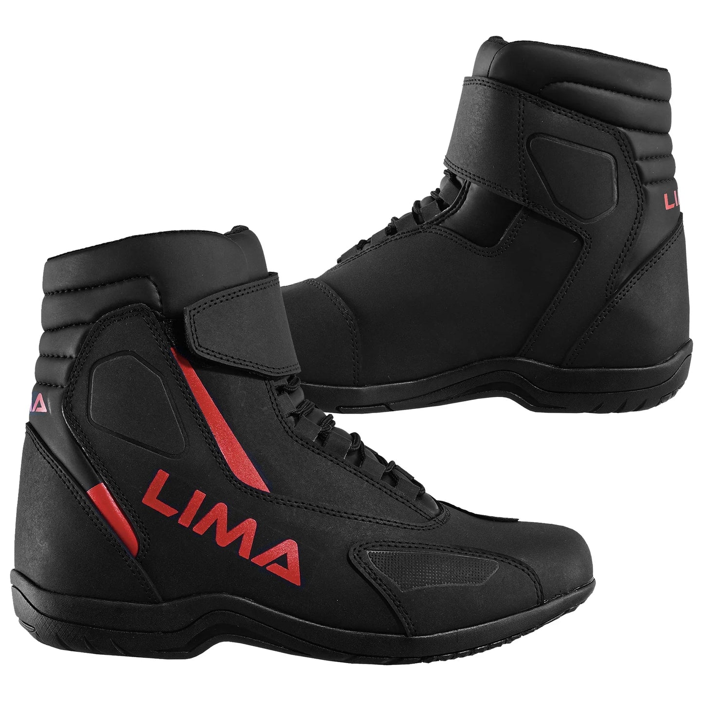 Black high-top sports shoes with red LIMA logo and velcro straps