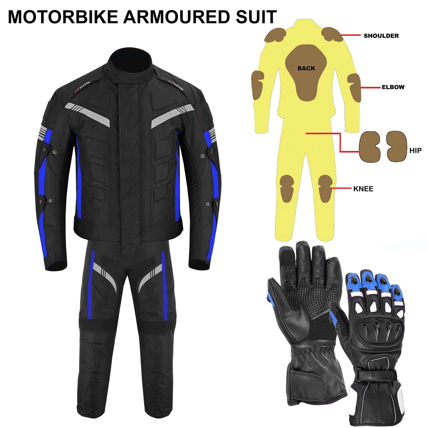 Motorcycle Men Racing Armoured Waterproof Textile Trousers Jacket Motorbike Suit BLUE WITH GLOVES