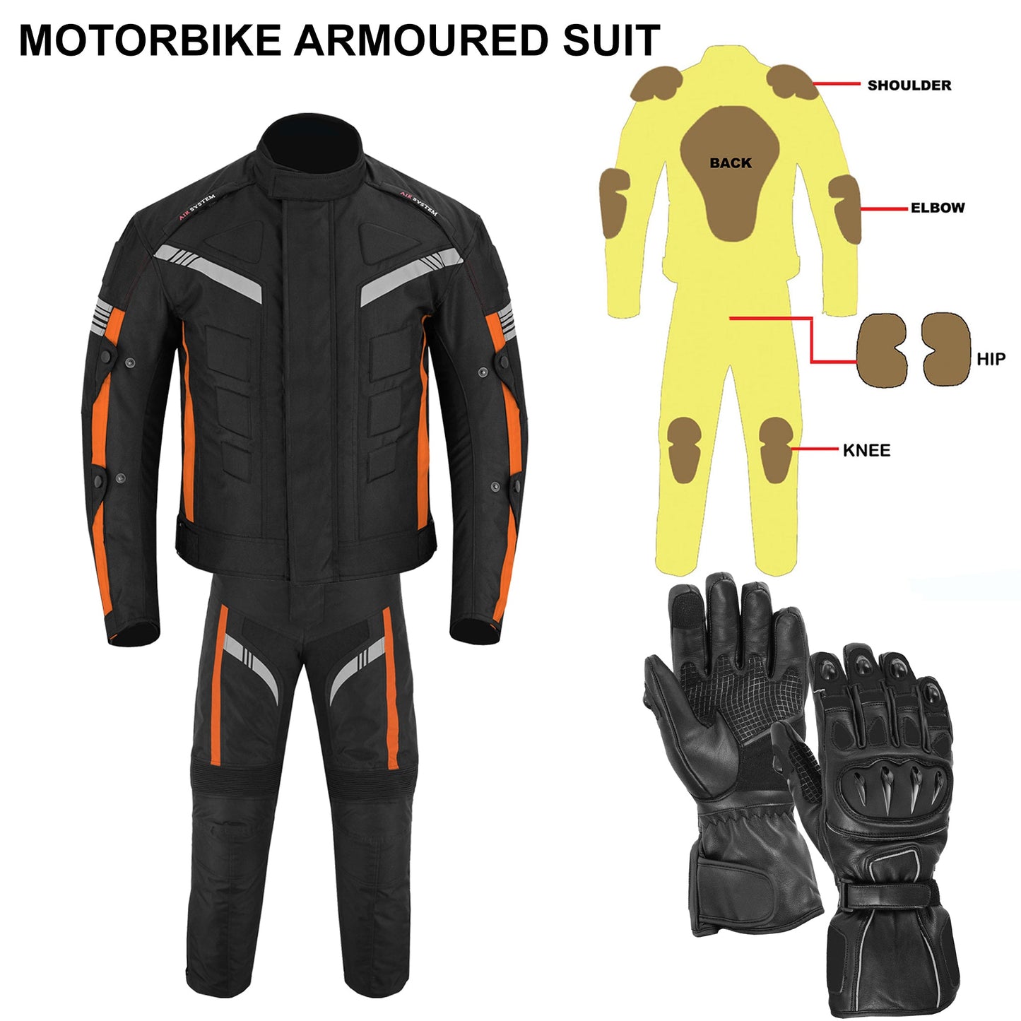 Motorcycle Men Racing Armoured Waterproof Textile Trousers Jacket Motorbike Suit ORANGE WITH GLOVES