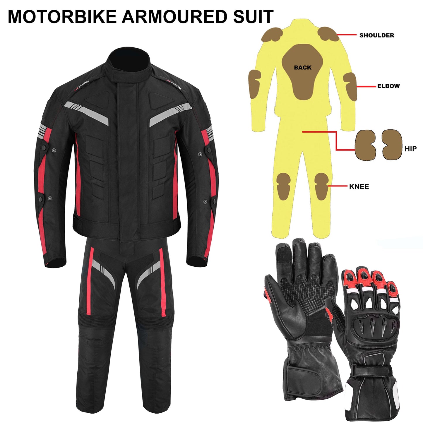 Motorcycle Men Racing Armoured Waterproof Textile Trousers Jacket Motorbike Suit RED WITH GLOVES