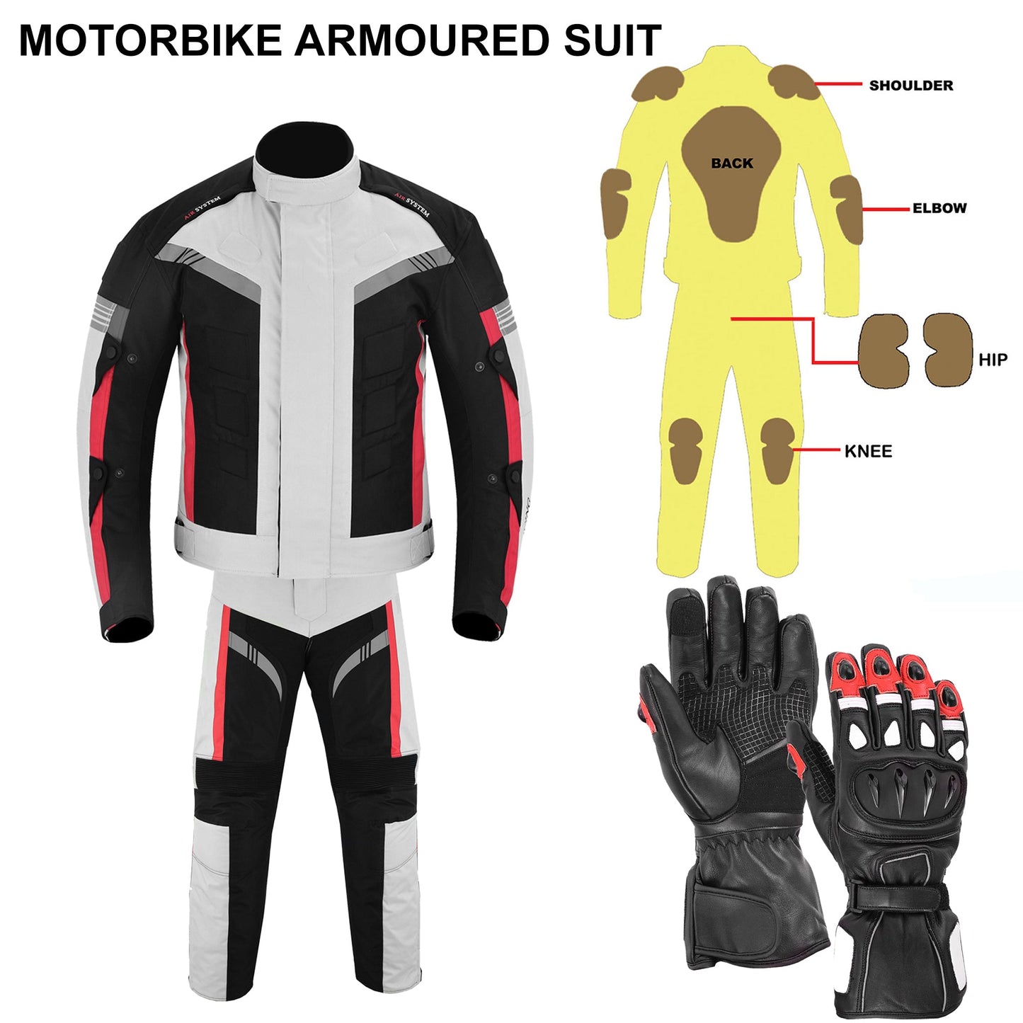 Motorcycle Men Racing Armoured Waterproof Textile Trousers Jacket Motorbike Suit SILVER WITH GLOVES