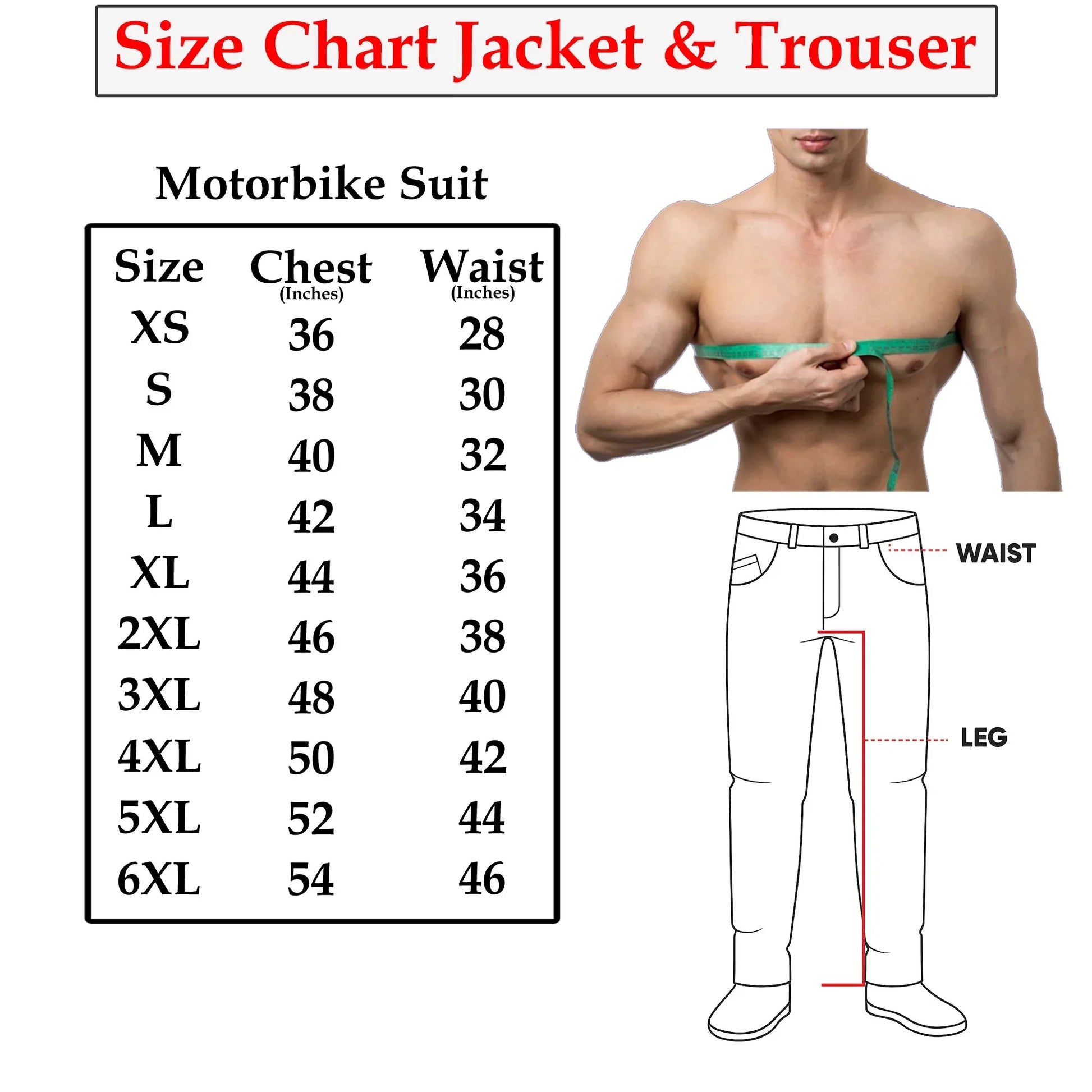 Motorbike suit size chart for jackets and trousers with chest and waist measurements, plus measurement guides.