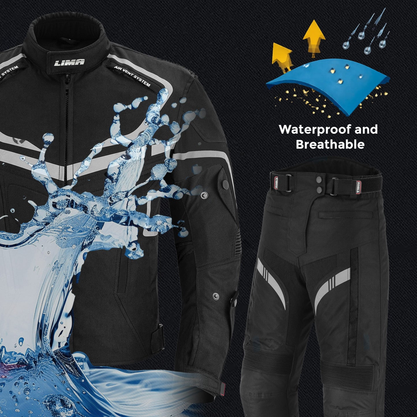LIMA Men’s 2-Piece Motorcycle Riding Suit – CE Level 2 Armoured Jacket & Trouser Set | All-Season Waterproof Touring Gear BLACK