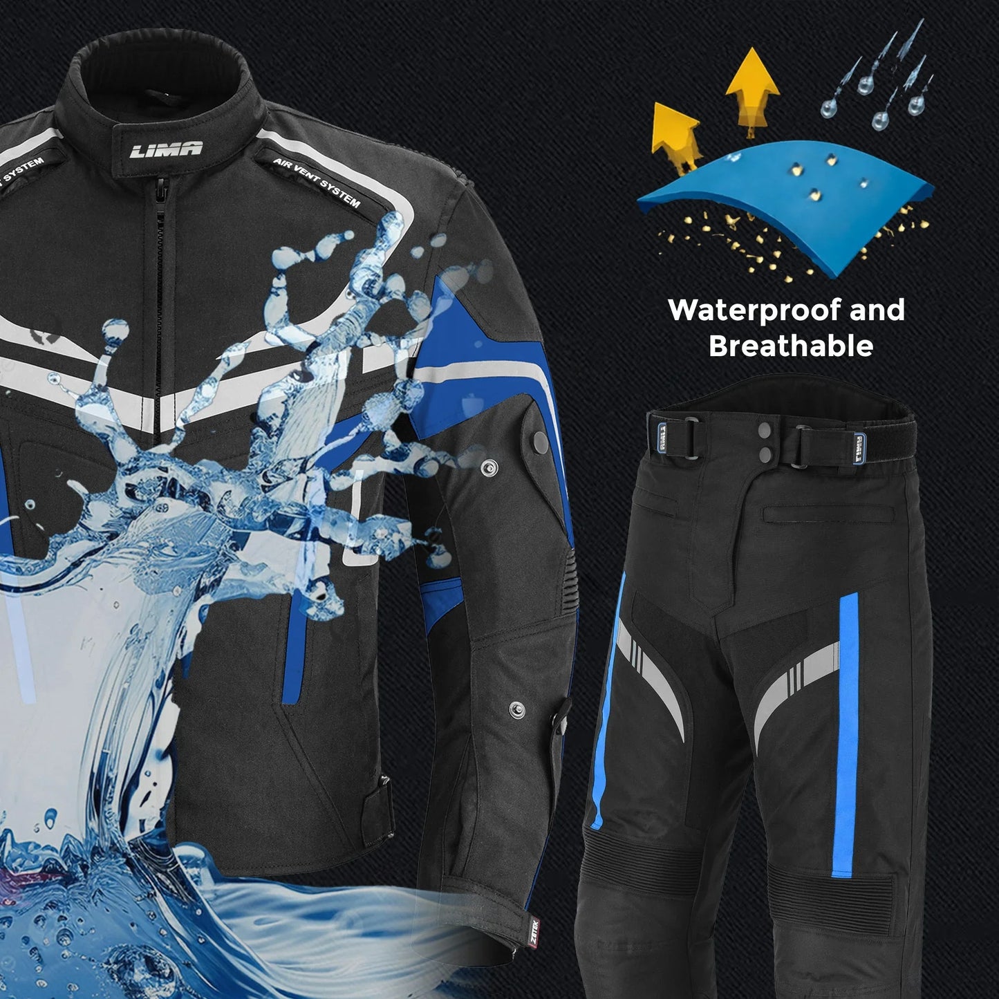 Black and blue waterproof and breathable motorcycle jacket and pants set with water splash graphic