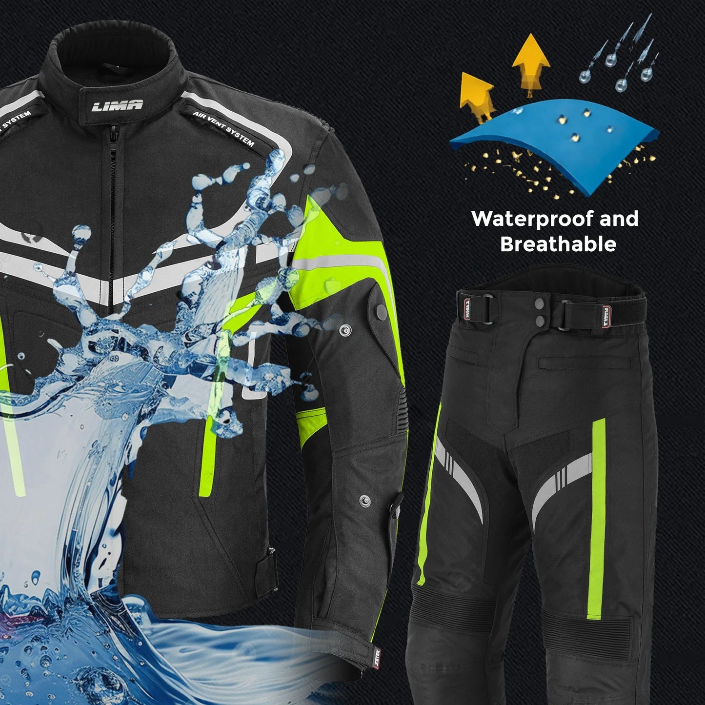Black and neon yellow waterproof breathable motorcycle jacket and pants with reflective details