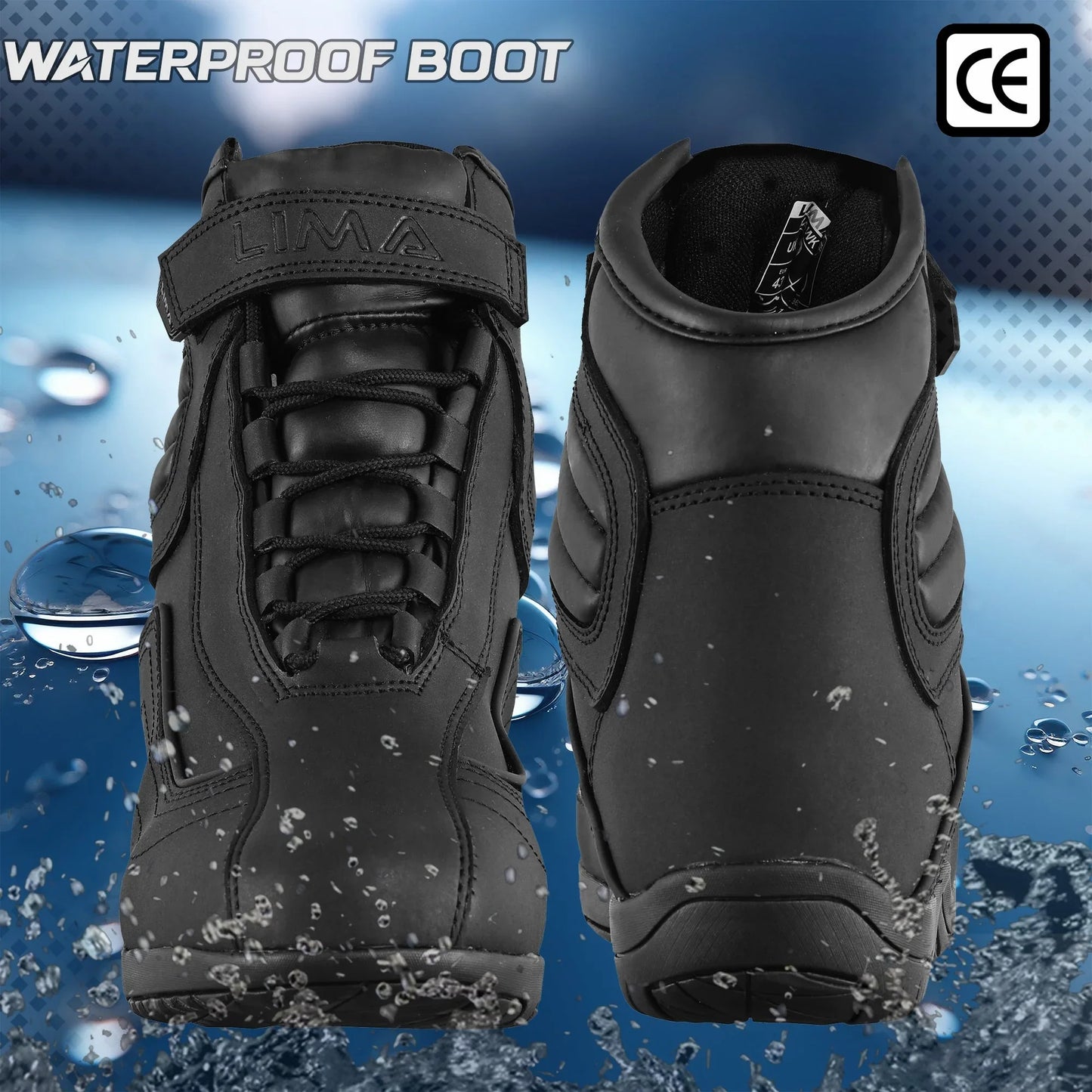 Black waterproof sport boots with CE mark, shown with water splash and wet surface background