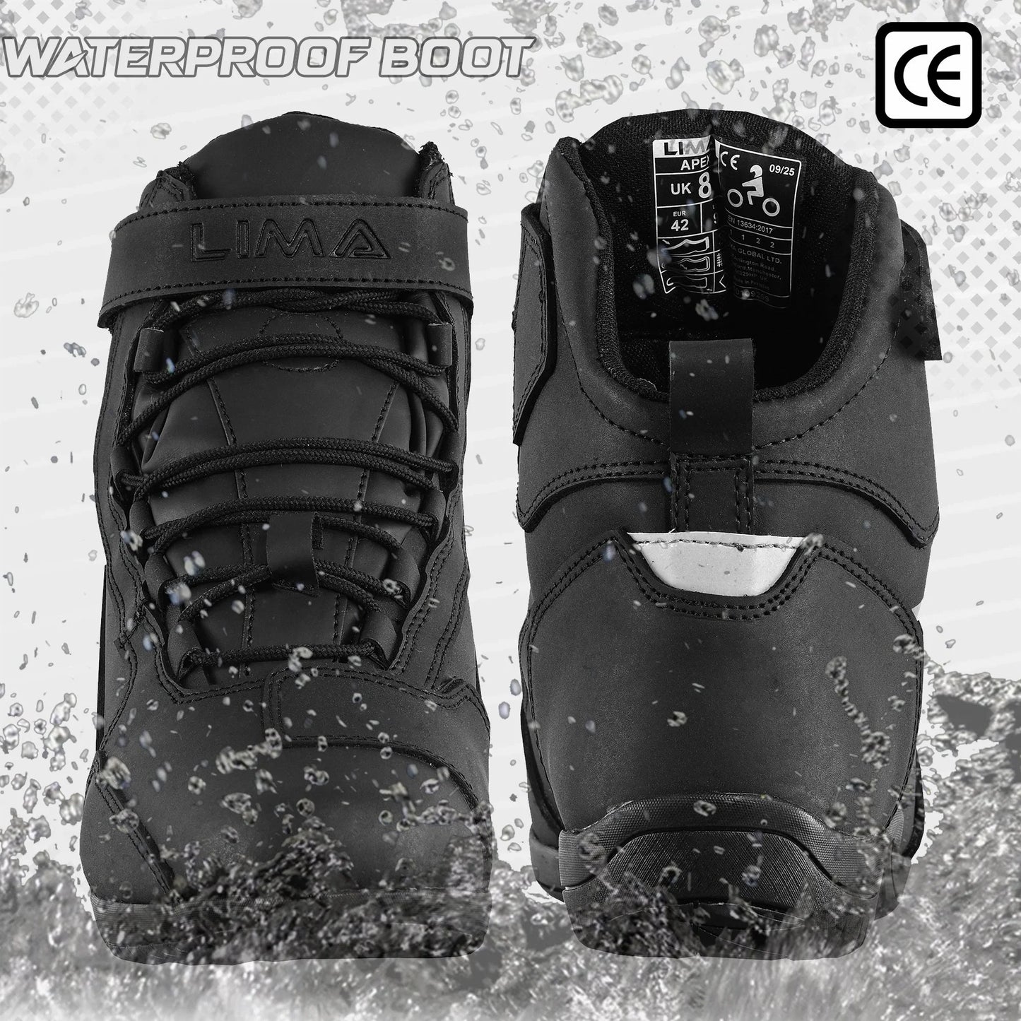 Black waterproof sports boots with laces, water splashing, and CE certification label